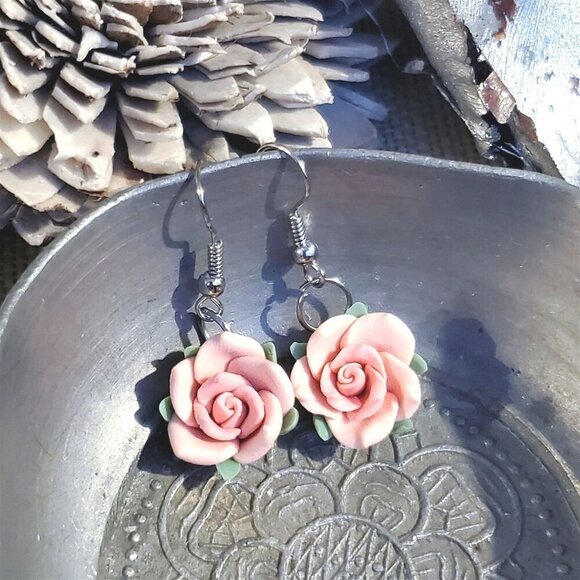 Pink Rose Flower Bead Handcrafted Fimo Polymer Clay Dangle Earrings - Picture 1 of 6